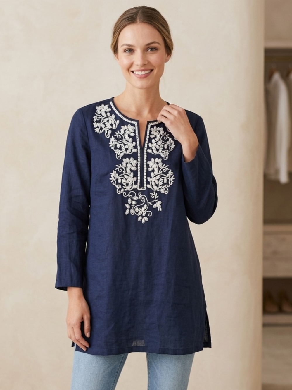Charter Club Navy Tunic with Cream Embroidery EUC Size S